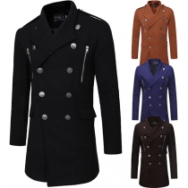 Fashion Solid Color Long Sleeve Double-breasted Men's Woolen Coat