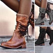Retro Style Square Heel Round Toe Lace-up Rivets Boots