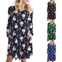 Cute Cartoon Printed Long Sleeve Round Neck Loose Dress