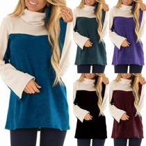 Fashion Contrast Color Long Sleeve Cowl Neck Loose T-shirt