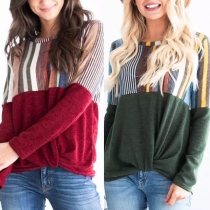 Fashion Contrast Color Striped Spliced Long Sleeve Round Neck T-shirt