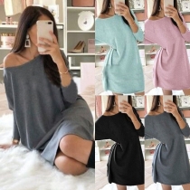 Fashion Solid Color Long Sleeve Round Neck Loose Dress