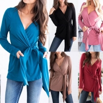 Fashion Solid Color Deep V-neck Long Sleeve Twisting Shirt