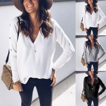 Fashion Solid Color Long Sleeve V-neck Knit Top