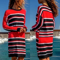 Fashion Long Sleeve Round Neck Striped Dress