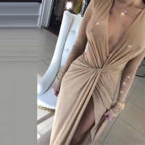 Fashion Solid Color Deep V-neck Long Sleeve Twisting Slit Over-hip Dress