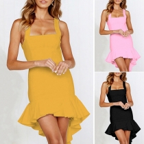 Sexy Backless Irregular Ruffle Hem Solid Color Slim Fit Sling Dress