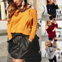 Fashion Lace Spliced Off-shoulder Long Sleeve Backless Shirt