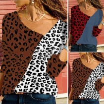 Fashion Contrast Color Long Sleeve V-neck Leopard T-shirt 