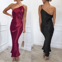 Fashion Solid Color Oblique-shoulder Backless Slim Fit Over-hip Long Dress