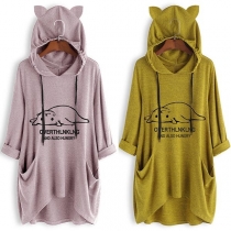 Fashion Contrast Color Long Sleeve Irregular Hemline Printed Hooded Shirt 