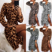 Fashion Contrast Color Leopard Printed Long Sleeve V-neck Slit Hemline Dress