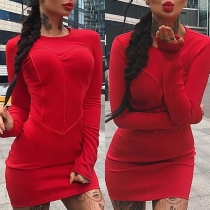 Fashion Solid Color Long Sleeve Round Neck Slim Fit Heart Dress