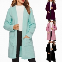 Fashion Solid Color Long Sleeve Front Pockets Cardigan