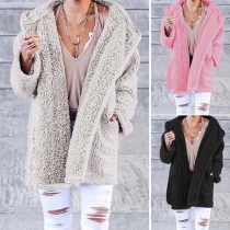 Fashion Solid Color Long Sleeve Hooded Plush Coat