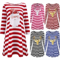 Cute Santa Claus/Elk Printed Long Sleeve Round Neck Striped Dress
