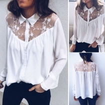 Sexy See-through Lace Spliced Long Sleeve POLO Collar Shirt
