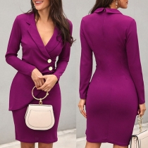 OL Style Long Sleeve Solid Color Slim Fit Dress
