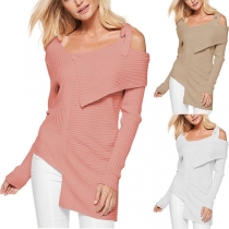 Sexy Off-shoulder V-neck Long Sleeve Irregular Hem Knit Top 