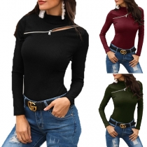 Fashion Long Sleeve Mock Neck Oblique Zipper Slim Fit T-shirt