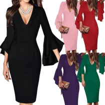 Sexy Deep V-neck Trumpet Sleeve Slim Fit Dress