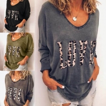 Fashion Leopard Letters Printed Long Sleeve V-neck T-shirt