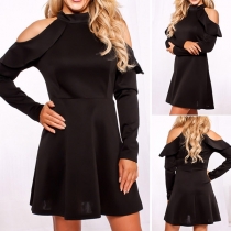 Sexy Off-shoulder Long Sleeve Solid Color Ruffle Dress