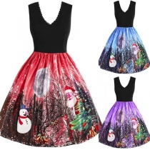 Sexy Deep V-neck Sleeveless High Waist Printed Spliced Dress