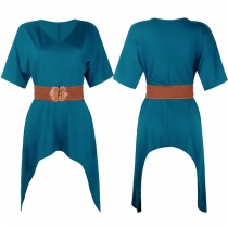 Fashion Short Sleeve V-neck Irregular Hem Dress with Waistband