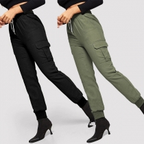 Fashion Solid Color Elastic Waist Side-pocket Casual Pants