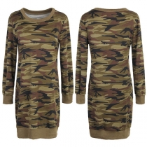 Fashion Long Sleeve Round Neck Camouflage Printed T-shirt Dress