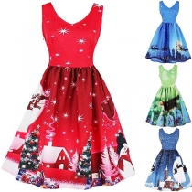 Fashion Sleeveless V-neck High Waist Printed Christmas Dress