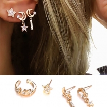 Fashion Rhinestone Inlaid Star & Crescent Shaped Stud Earring Set 4 pcs/Set