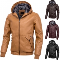 Fashion Solid Color Long Sleeve Hooded Men's PU Leather Coat 