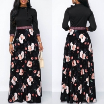 Fashion Bowknot Round Neck High Waist Printed Spliced Maxi Dress