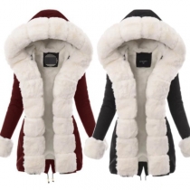 Fashion Faux Fur Spliced Long Sleeve Hooded Warm Overcoat