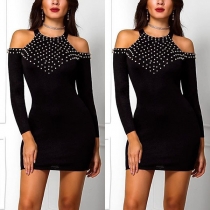 Sexy Off-shoulder Long Sleeve Round Neck Beaded Tight Dress