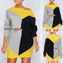 Fashion Contrast Color Long Sleeve Crop Top + High Waist Skirt Two-piece Set