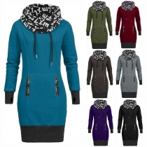 Fashion Printed Spliced Cowl Neck Contrast Color Slim Fit Sweatshirt Dress
