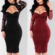 Sexy Lace Spliced Long Sleeve Hollow Out Slim Fit Dress