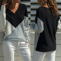 Fashion Contrast Color Long Sleeve V-neck Knit Top