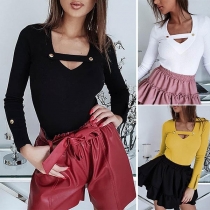 Fashion Solid Color Long Sleeve V-neck Slim Fit T-shirt