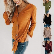 Fashion Solid Color Long SleeveV-neck Lace-up Hem Blouse