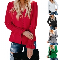 Fashion Solid Color Long Sleeve V-neck Blouse