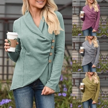 Fashion Solid Color Long Sleeve Side-button Irregular Hem Sweatshirt