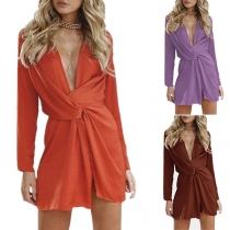 Sexy Deep V-neck Long Sleeve Front-twisted Solid Color Dress