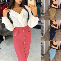 Fashion Solid Color High Waist Single-breasted Skirt