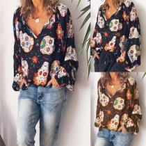 Fashion Long Sleeve V-neck Loose Printed Blouse