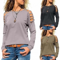 Sexy Off-shoulder Long Sleeve Round Neck Solid Color T-shirt