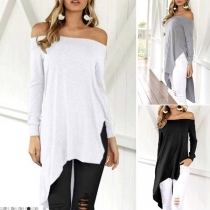 Sexy Off-shoulder Boat Neck Long Sleeve Irregular Hem Top